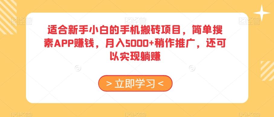 适合新手小白的手机搬砖项目，简单搜素APP赚钱，月入5000+稍作推广，还可以实现躺赚【揭秘】-瀚宇网创