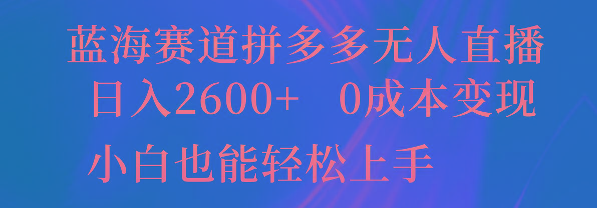 蓝海赛道拼多多无人直播，日入2600+，0成本变现，小白也能轻松上手-瀚宇网创