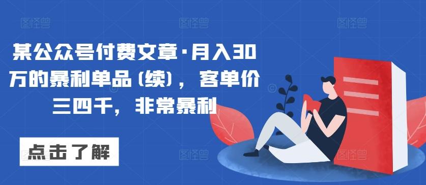 某公众号付费文章·月入30万的暴利单品(续)，客单价三四千，非常暴利-瀚宇网创