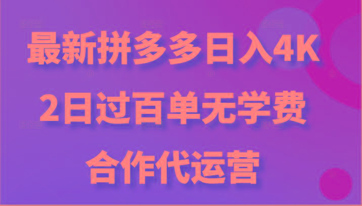 最新拼多多,日入4K+,2日过百单无学费,合作代运营-瀚宇网创